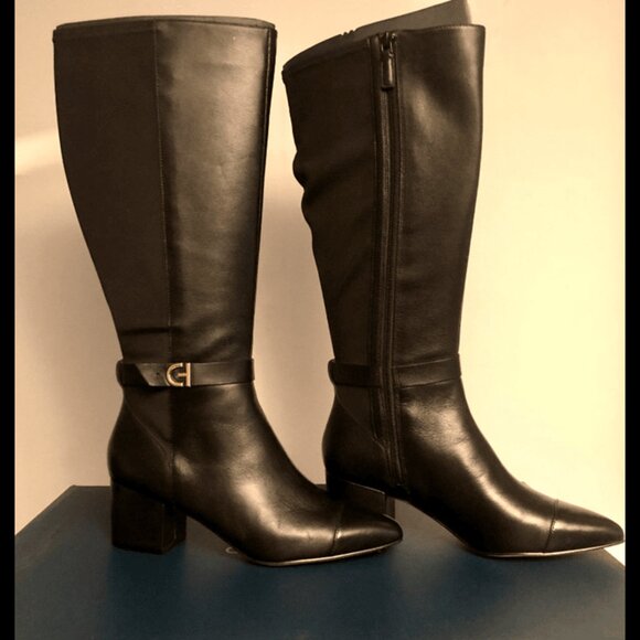 Cole Haan Elena Tall Boots 8B – Black Leather, Block Heel, Pointed Toe, Stretch - Picture 4 of 7